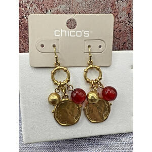 NWT Chico's Goldtone Roman Coin Drop Dangle Earrings Red Gold Bead
